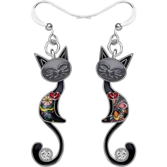 Enamel Multicolor Cat Dangle Earring Hypoallergenic Aesthetic Kitty Jewelry Gift - Picture 1 of 6